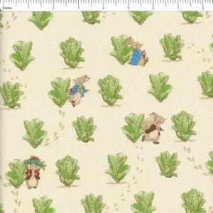 May include: A repeating pattern featuring illustrations of Peter Rabbit characters among green lettuce plants and rabbit footprints on a cream-colored background. The rabbits are depicted in various poses, wearing blue jackets and other clothing.