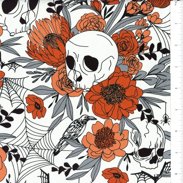 Sold by the Half Yard - Noir Bird and Skull Flowers in Ghost Pumpkin by Alli K Design for Moda Fabrics