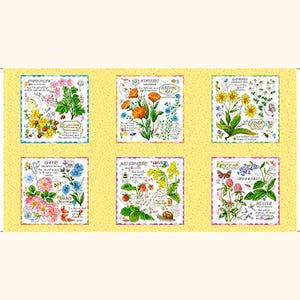 May include: A yellow fabric panel featuring six square illustrations of various flowers and plants, each with handwritten text. The illustrations include colorful blooms, leaves, and insects, set against a yellow background with a dotted pattern.