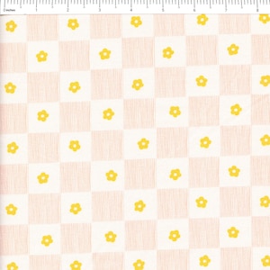 May include: White fabric with a pink and white checkered pattern. Small yellow flowers are scattered throughout the fabric.