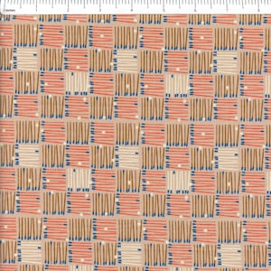 May include: A repeating pattern of squares with a grid-like design. Each square features vertical lines in brown, red, and white, accented with blue dots. The background is a light tan color, creating a visually appealing textile design.