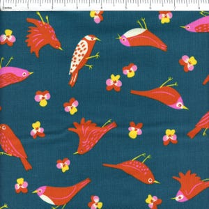May include: Teal fabric with a repeating pattern of stylized red birds and small pink and yellow flowers. The birds have white accents and are in various poses. The fabric is suitable for quilting, apparel, or home decor projects.
