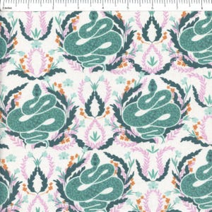 May include: White fabric with a repeating pattern of teal snakes, surrounded by dark green leaves, pink and orange floral accents. The design is symmetrical and detailed, suitable for various craft projects.