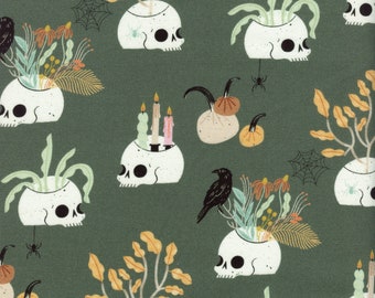 Sold by the Half Yard - Harvest Moon Skulls in Hedge by Faye Guanipa for Dear Stella Fabrics