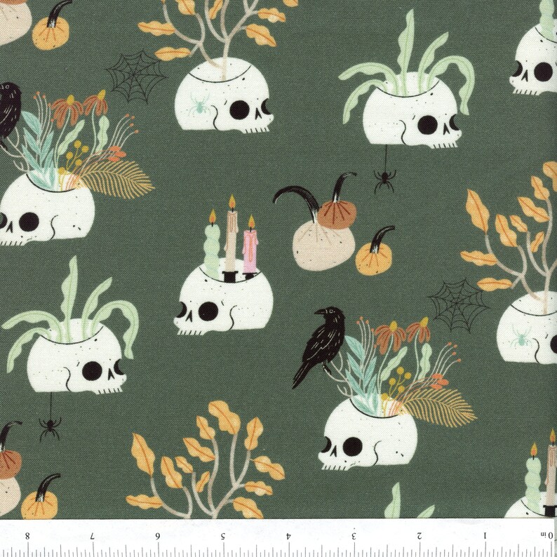 Sold by the Half Yard Harvest Moon Skulls in Hedge by Faye Guanipa for Dear Stella Fabrics image 1