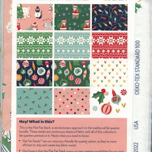 May include: A fabric bundle titled "Oh What Fun!" by Liz Mytinger, featuring various holiday-themed patterns. Designs include Christmas trees, Santa figures, and festive ornaments. The fabric is labeled as Oeko-Tex Standard 100.