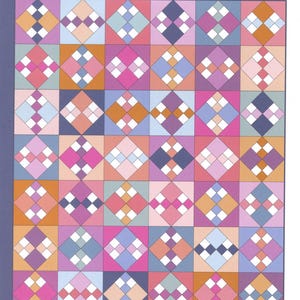 May include: A quilt pattern titled revival by Morgan McCollough, featuring a grid of squares with diamond-in-square motifs in shades of pink, purple, blue, and orange. The cover includes the text child, throw, twin, bed, and fq & scrap friendly.