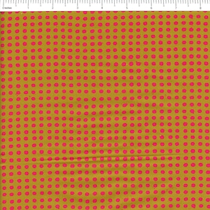 May include: A fabric with a mustard yellow background and a repeating pattern of small, bright pink circles.