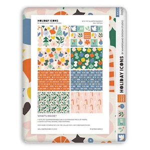 May include: An 8-piece fat quarter fabric bundle titled Holiday Icons by Ampersand Design Studio. The bundle features various patterns including Christmas trees, ornaments, candy canes, and text like Joy, Peace, and Love in red, green, and blue.