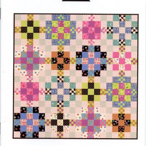 May include: A quilt pattern titled "Roulette Quilt" featuring a repeating block design. The blocks are composed of smaller squares in various colors, including pink, blue, green, and black, set against a light pink background. The top of the image includes the text "ALEXIA MARCELLE ABEGG".