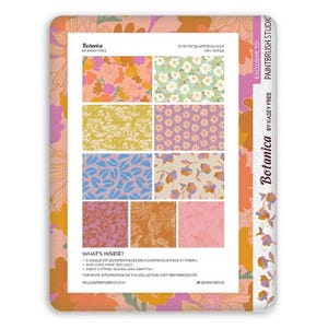 May include: A 10-piece fat quarter fabric bundle titled Botanica by Kasey Free. The packaging displays eight distinct floral and botanical patterns in shades of orange, pink, yellow, purple, blue, and green, with text detailing the collection contents.