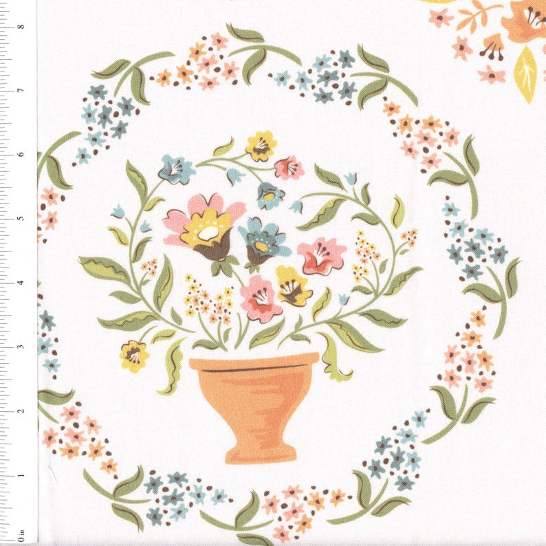 May include: A white background with a floral pattern. A terracotta pot with a bouquet of pink, yellow, and blue flowers is in the center of the design. The flowers are surrounded by a wreath of smaller flowers in shades of pink, blue, and yellow.