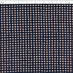 May include: A navy blue fabric with a white polka dot pattern. The dots are evenly spaced and are about 1/4 inch in diameter.