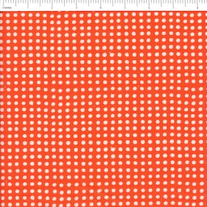 May include: Red fabric with a white polka dot pattern. The dots are evenly spaced and are about 1/4 inch in diameter.