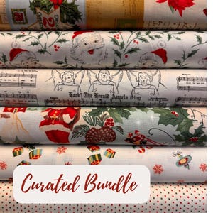 May include: A stack of six folded fabric bolts featuring Christmas themes. Patterns include Santa Claus faces, holly leaves, angels with sheet music titled Hark! The Herald Angels Sing, a Santa figure with pinecones, gift boxes, and red polka dots.