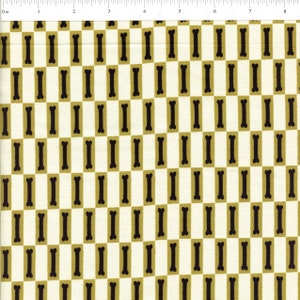 May include: A white fabric with a repeating pattern of black bone shapes. The bones are arranged in a diagonal checkerboard pattern.