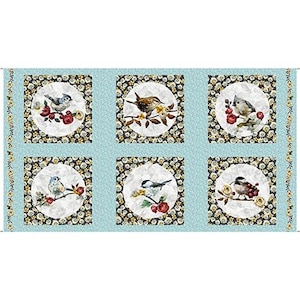 May include: A light blue fabric panel featuring six square blocks, each containing a circular illustration of a different bird perched on a branch with flowers. The background is a light blue floral pattern with dark floral borders on the sides.
