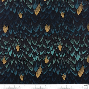 May include: A fabric featuring a repeating pattern of overlapping feather shapes in shades of dark navy blue, teal, and gold. A white ruler measuring 8 inches is visible along the bottom edge, providing a clear scale for the printed design.