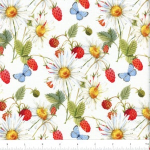 Hedgehog Hollow Daisies & Berries in White by In the Beginning Fabrics - Sold in Half Yard Increments