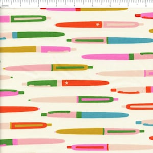 May include: Fabric with a repeating pattern of colorful pens in various shades of pink, green, orange, and yellow on a cream background. Some pens have a star detail. The pens are approximately 1 inch in length.