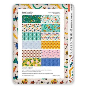 May include: A 12-piece fat quarter fabric bundle titled Bugs & Butterflies by Genna Blackburn. The rectangular display features twelve distinct swatches with colorful patterns of insects, flowers, and foliage, framed by a border of various bugs.