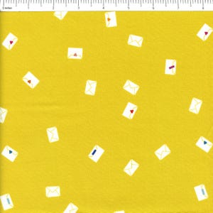 May include: Yellow fabric with a scattered pattern of white envelopes. Each envelope has a small heart, blue, or purple accent. The fabric is suitable for various sewing and crafting projects.