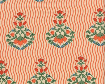 May include: Cream-colored fabric with a repeating pattern of orange vertical wavy stripes and floral medallions. The medallions feature orange flowers, green leaves, and blue accents. The fabric is suitable for various craft projects.