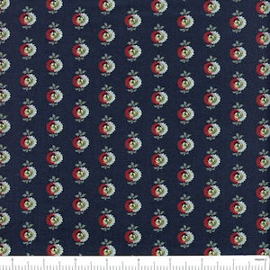 May include: Dark navy fabric with a repeating pattern of stylized floral designs. Each design is split into red and white halves, with a yellow peace symbol in the center. The fabric has a dense, all-over print.