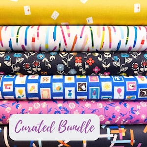 May include: A stack of fabric rolls in various patterns and colors. The top roll is yellow with white envelope icons. Other rolls feature pen, floral, and stamp designs. The text "Curated Bundle" is displayed on a pink background.