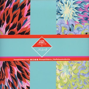 May include: A collage of four fabric swatches featuring floral patterns in shades of blue, green, pink, and red. The fabric is designed by Kaffe Fassett Collective for Free Spirit Fabrics. The text "Kaffee Fassett Collective for Free Spirit" is displayed in a diamond shape on a turquoise background.