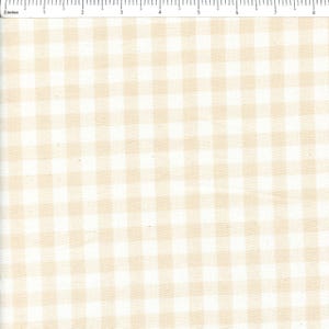 May include: Cream and white gingham fabric. The fabric has a classic checkered pattern, with squares of cream and white. The pattern is evenly spaced and creates a simple, yet visually appealing design. The fabric is suitable for various craft and sewing projects.