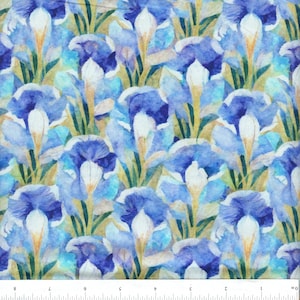 May include: A seamless pattern featuring watercolor illustrations of blue and white iris flowers with yellow centers. The flowers are arranged in a repeating pattern on a light brown background.
