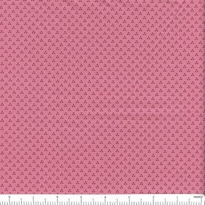 May include: Pink fabric with a repeating pattern of small, dark red triangles. The fabric has a smooth texture and a subtle sheen. The pattern is evenly spaced across the surface. The fabric is suitable for quilting, sewing, or other craft projects.
