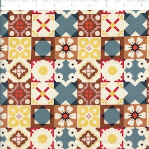 May include: A fabric with a repeating pattern of colorful square tiles. The tiles feature floral and geometric designs in shades of cream, brown, yellow, red, and blue. The pattern is reminiscent of traditional tile work.