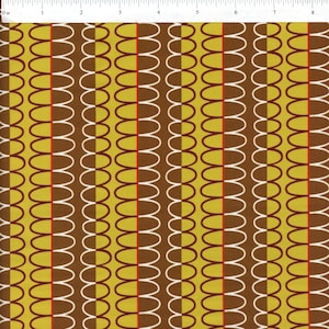 May include: A fabric with a repeating pattern of brown and yellow ovals with white outlines. The ovals are arranged in vertical rows with thin red lines separating the rows.