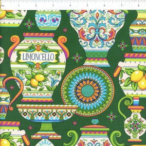 May include: A green fabric with a repeating pattern of colorful Italian-style pottery. The pottery features lemons, flowers, and the word "Limoncello".