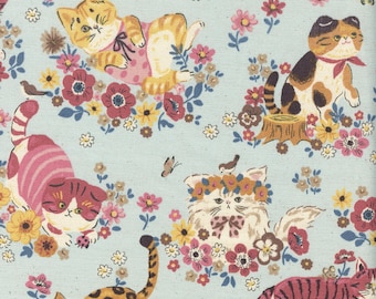 Powerful Animal Cats Flower Garden Oxford in Sax Blue - Sold in Half Yard Increments