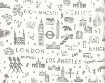 Sold by the Half Yard - Bon Voyage World Traveler Silhouette in Gray by Rifle Paper Co. for Cotton + Steel Fabrics