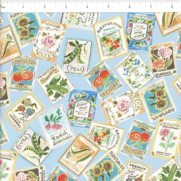 Sold by the Half Yard - Robin Seed Packets in Sky by Clare Therese Gray for Windham Fabrics