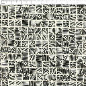 May include: Cream-colored fabric with a repeating pattern of black squares. Each square contains a unique design of curved and straight lines, creating a textured, abstract effect. The pattern is reminiscent of wood grain or fingerprint patterns.