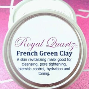 May include: A silver jar with a white label that reads "Royal Quartz French Green Clay" and describes the product as a skin revitalizing mask good for cleansing, pore tightening, blemish control, hydration and toning.