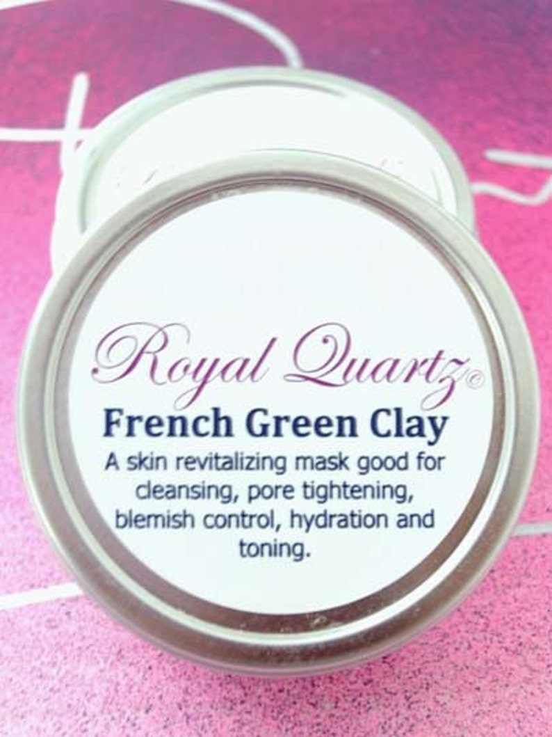 May include: A silver jar with a white label that reads "Royal Quartz French Green Clay" and describes the product as a skin revitalizing mask good for cleansing, pore tightening, blemish control, hydration and toning.