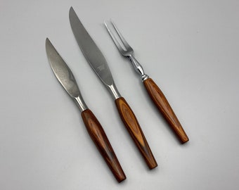 Mode Danish 3pc Carving Set, Mid Century Modern Utensils, Round Wooden Handle, Knives and Fork