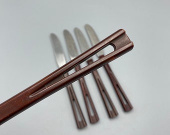 Vintage Stanhome Plastic Handle Flatware, Dinner Knives 5pcs, Marbled Reddish Brown Cut Out Handle