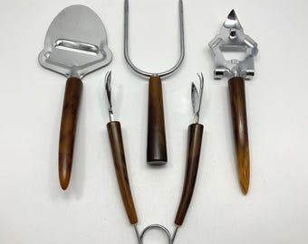 Vtg 4 Barware Utensils Marbled Faux Horn Bottle Opener Cheese Slicer Tongs Fork