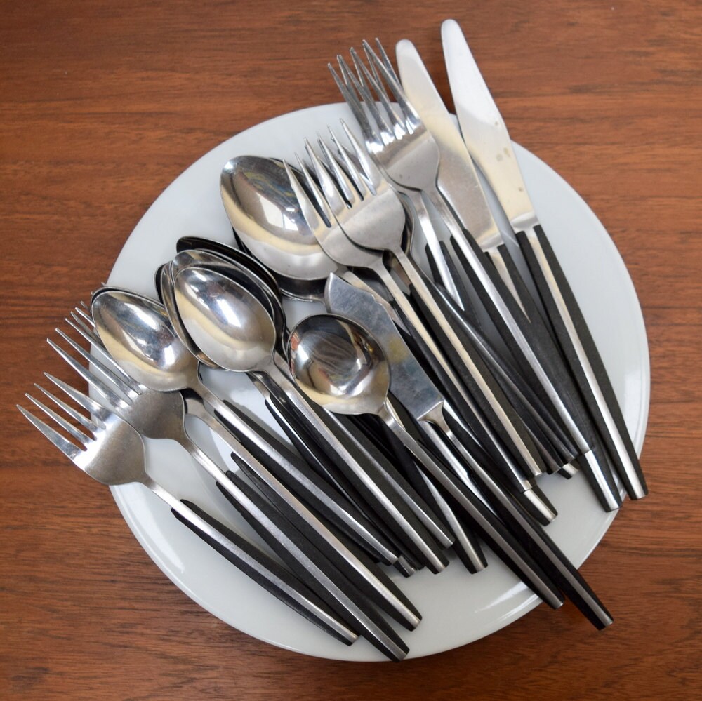 Stainless Japan Vintage Flatware 28pcs Black Composite Handle Etsy