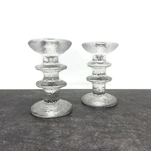 Vintage Pair of Iittala 5&quot; Festivo Glass Candlesticks Signed Timo Sarpaneva TS