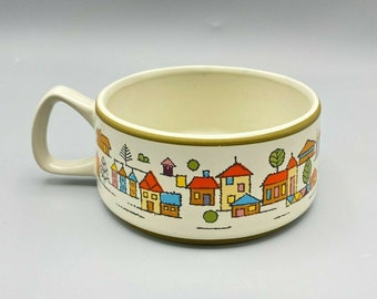 Country Village Japan Handled Soup Bowl Colorful Homes Houses Mug Cup Stoneware
