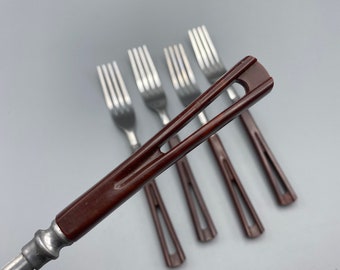 Vintage Stanhome Plastic Handle Flatware, Dinner Forks 5pcs, Marbled Reddish Brown Cut Out Handle