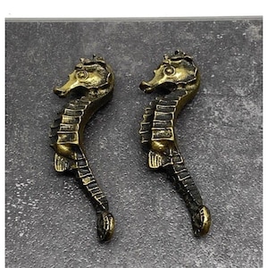 Vintage Pair of 2 Seahorse Bronze Finish Cabinet Pulls Solid Brass Door Handles